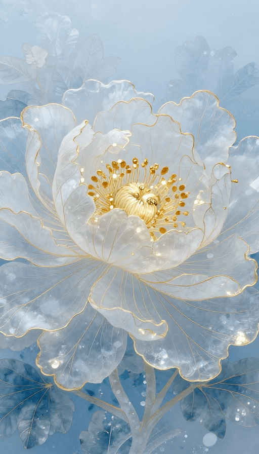 低饱和度素材：梦幻绢笔牡丹冰花：通透水墨光影艺术