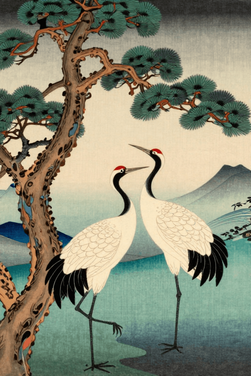 松柏素材：浮世绘仙鹤松柏静谧雅韵平插画