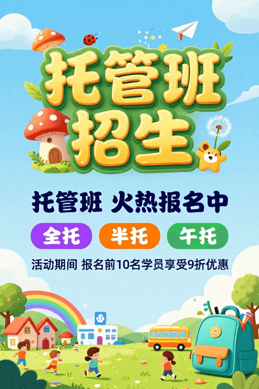 梦幻插画素材：童话风托管班招生海报：梦幻童趣，火热招募中