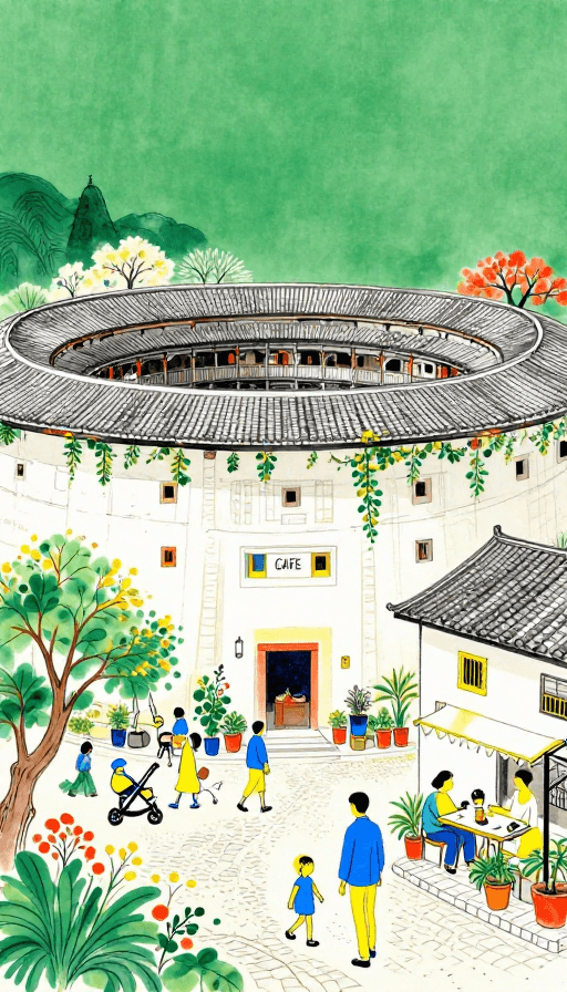 客家土楼素材：水墨魔幻：多彩建筑与悠闲生活的艺术呈现