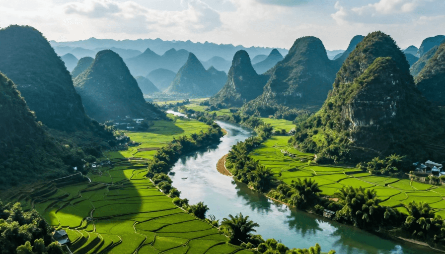 旅游宣传素材：青绿梯田映河影，喀斯特山峦云绕雾