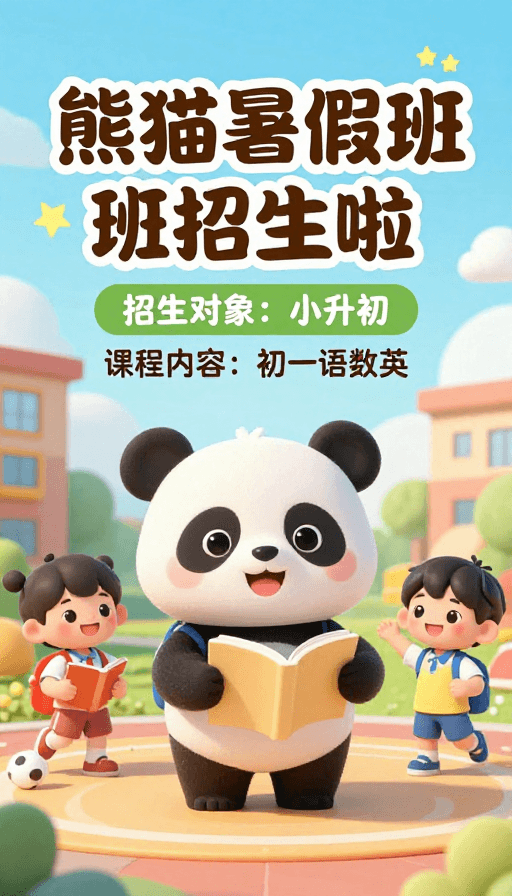 Q版卡通素材：熊猫暑假班Q版招生海报，可爱校园生活