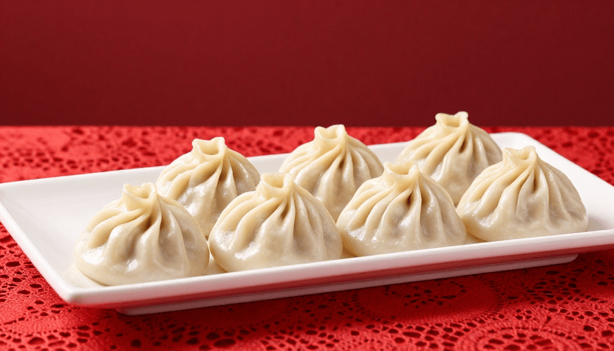 深红色背景素材：精致小笼包摄影：深红光影下的中式美食高质感展示