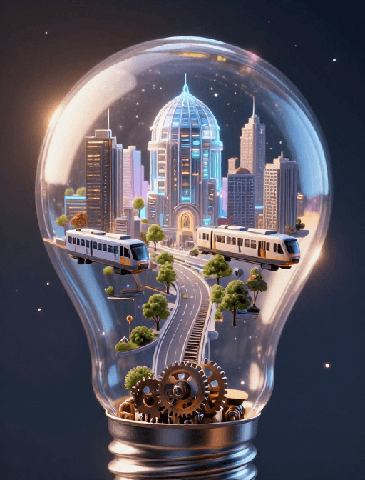 未来建筑素材：透明灯泡中的微缩科幻都市奇观