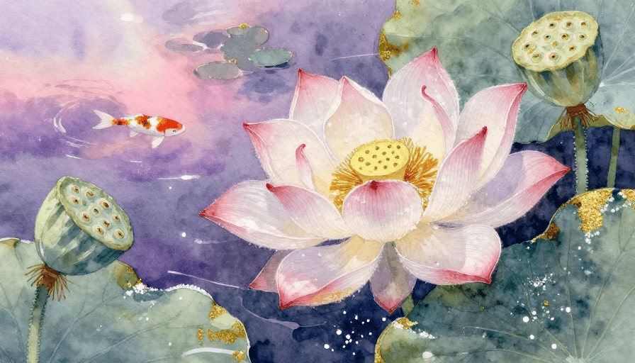 透明质感素材：水彩夏日荷塘：湿润笔触与留白艺术的融合
