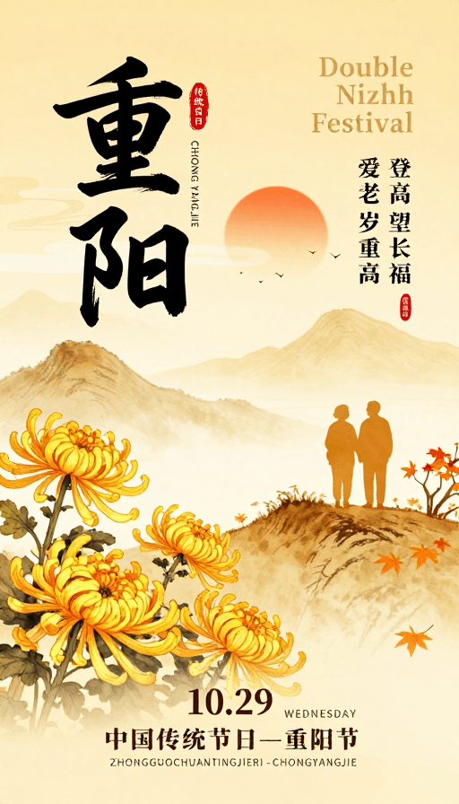 书法艺术素材：暖金水墨重阳海报：传统佳节文化传递