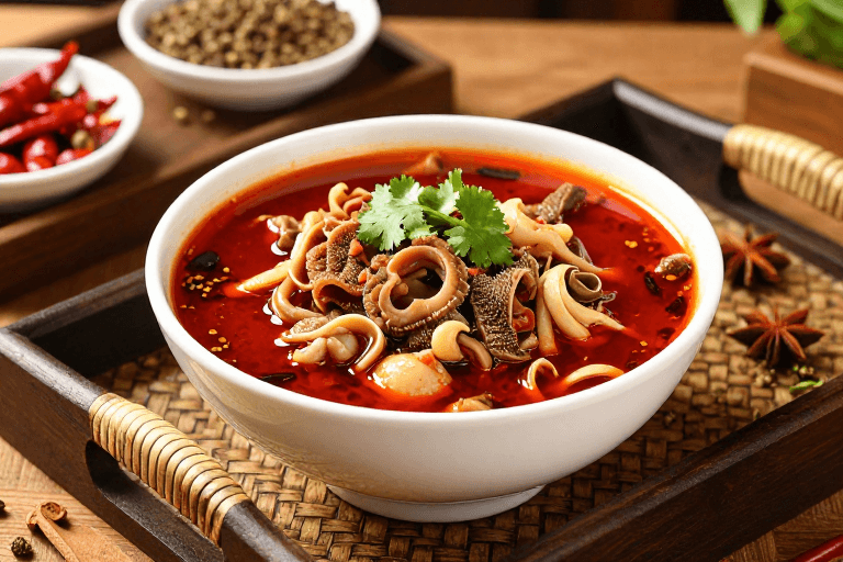 浅景深构图素材：红油麻辣牛杂汤：精致呈现，诱人食欲