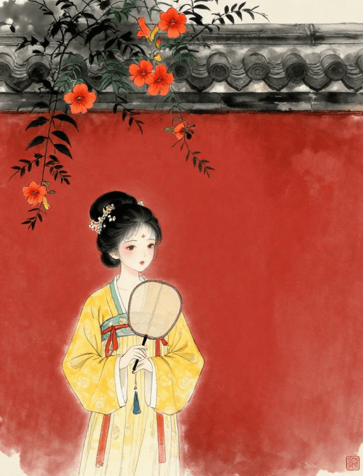 古风素材：水墨古风少女与凌霄花：红墙下的古典意境
