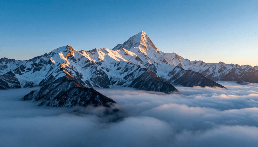 晨曦光影素材：晨曦金辉下的巍峨雪峰与云海