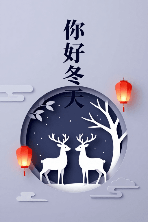 纸艺剪影素材：极简冬日剪影：你好冬天海报设计