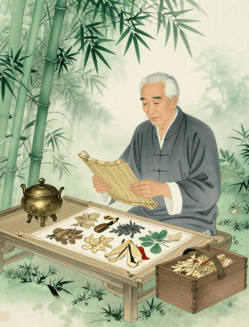清晨光影素材：竹韵青绿：水墨风老中医晾晒草药