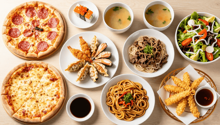 餐桌摆盘素材：奢华多国料理盛宴：高清俯视餐桌美食摄影