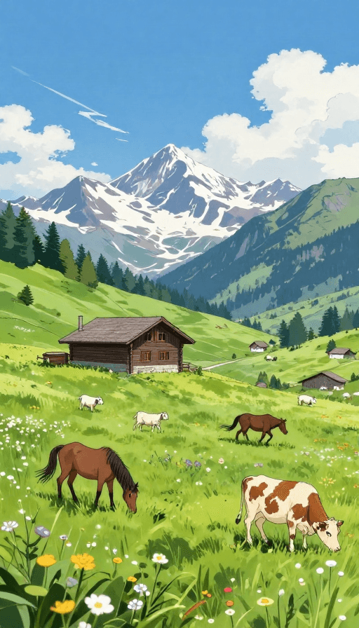自然生态素材：梦幻高山牧场：动漫线稿中的阿尔卑斯宁静时光