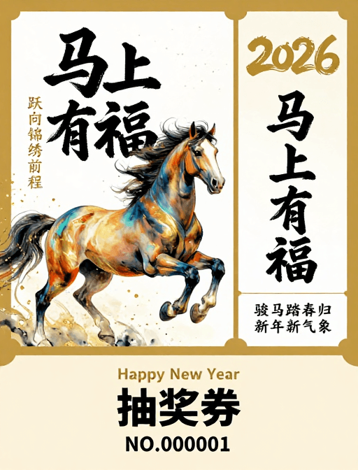 活动宣传素材：中国风水墨新年抽奖券，骏马踏春迎福气