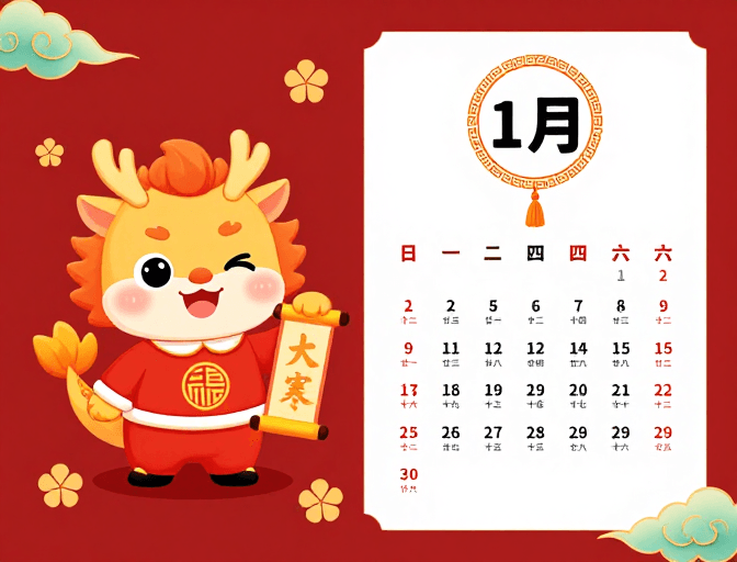 新年素材：Q版龙贺岁：红金中国风新年日历海报