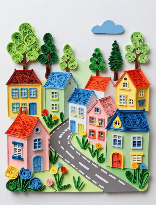 手工艺插画素材：衍纸春景：色彩斑斓的欧洲小镇复苏