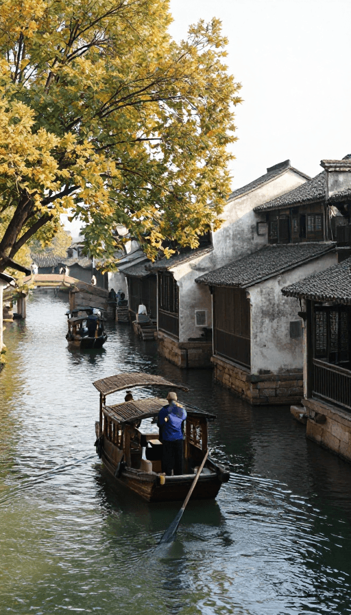 传统建筑素材：江南秋日静景：古桥流水与斑驳树影