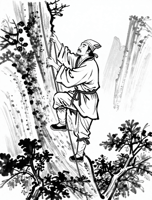 手绘艺术素材：明代徐霞客登山速写：黑白手绘中的探险风采