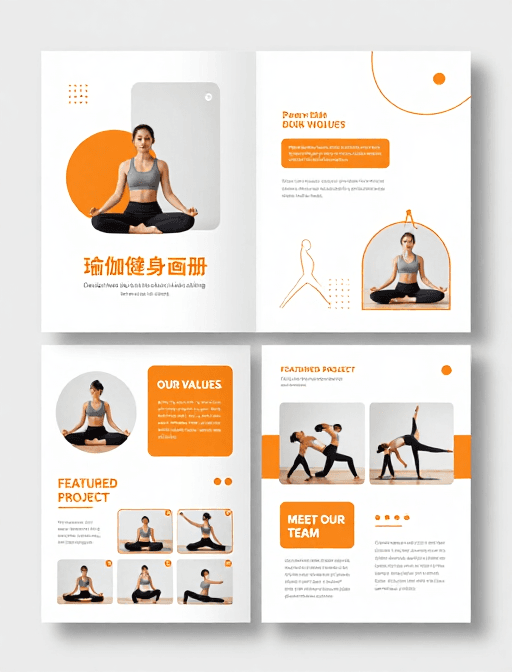 简约现代设计素材：简约橙白配色的现代瑜伽健身画册设计展示