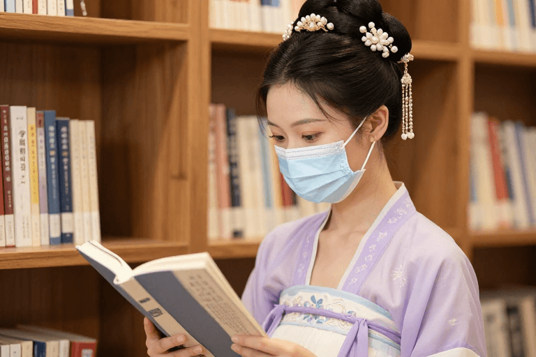 古风摄影素材：紫衣古韵：汉服女子书香静读