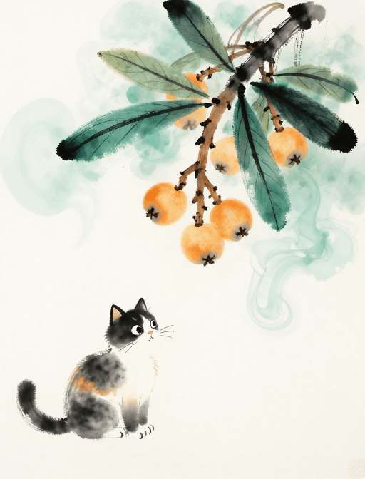 微距摄影素材：枇杷硕果伴花猫，青绿晕染写意禅意