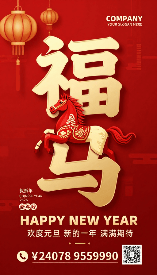 春节插画素材：新春福马迎祥 红色喜庆2026贺岁海报