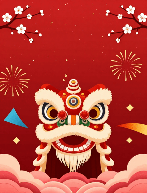 插画素材：红狮迎福·春节庆典插画