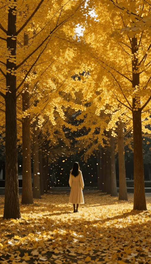 秋季风景素材：深秋金黄银杏雨与暗黑油画风女孩背影