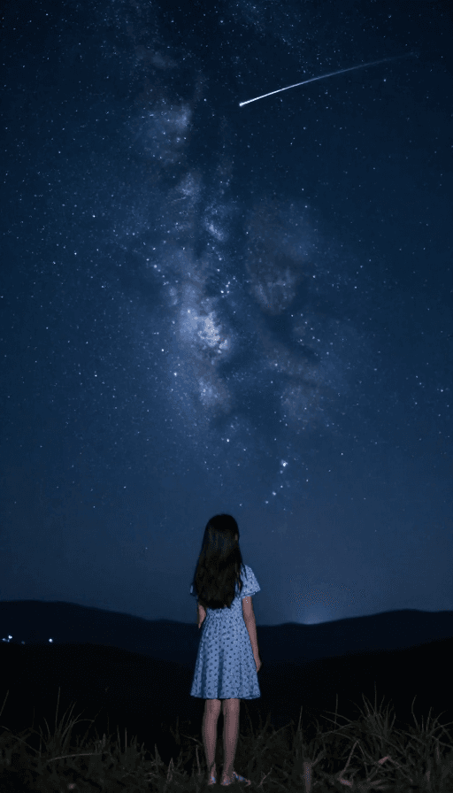 唯美素材：中国女孩仰望璀璨星空，流星划过浪漫夜空
