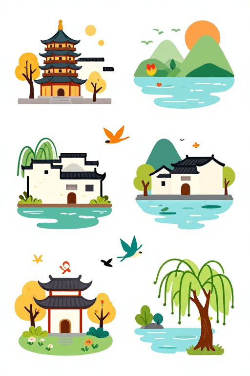 矢量设计素材：中国古风插画：杭州山水与徽派建筑卡通贴纸
