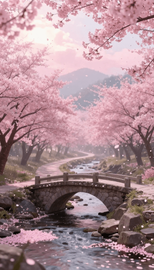 粉色梦幻素材：梦幻粉色樱花桥景：自然光影下的童话现实