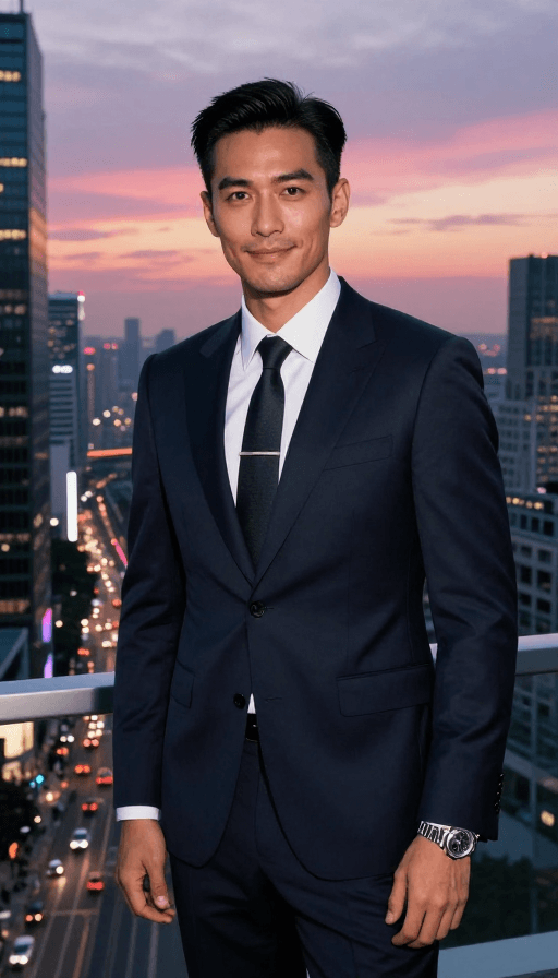 人像摄影素材：都市夜景中的自信精英：经典西装半身照