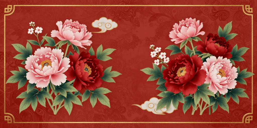 节日贺卡素材：朱红背景工笔牡丹双景对称花卉插画