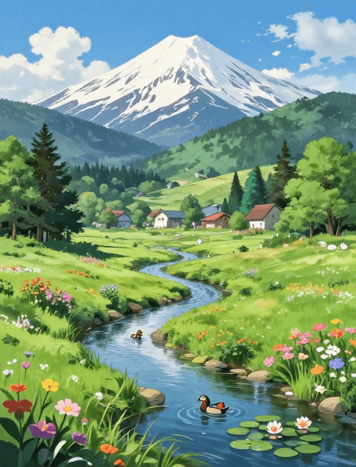 超高清细节素材：动漫雪山与田园风光的梦幻画卷