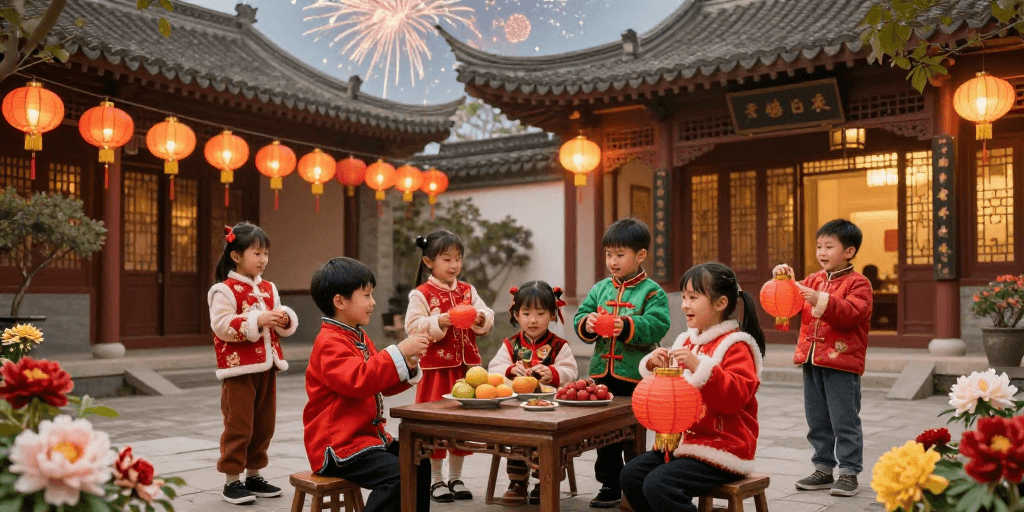 春节庆典素材：红绿盛装迎新春 古风庭院童趣欢腾