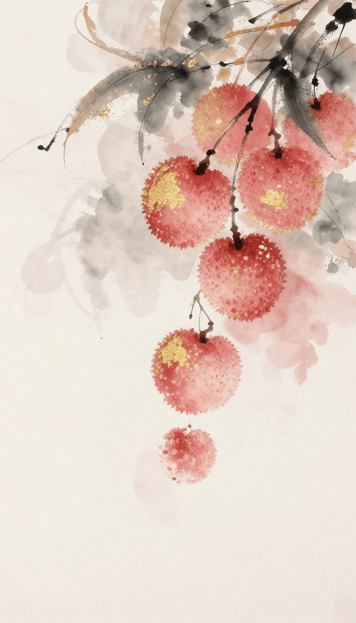 水墨晕染素材：金箔荔枝：浪漫水墨风艺术插画
