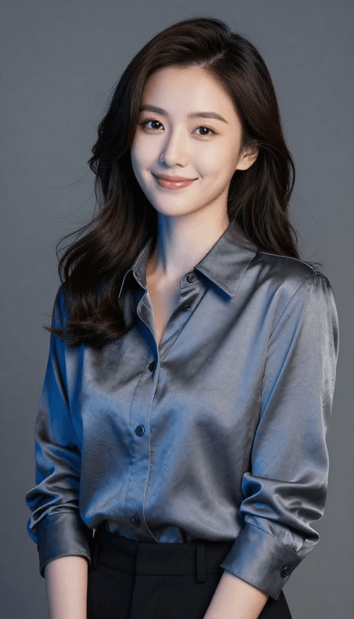 现代美学素材：现代优雅女性肖像：丝质衬衫与神秘蓝光的和谐之美