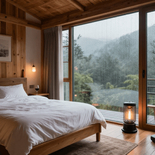 生活美学素材：治愈系原木风卧室：雨天中的温暖小窝