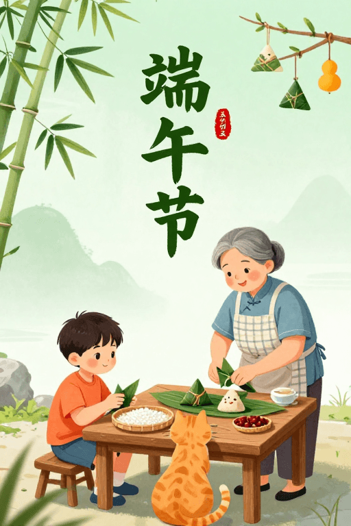 端午节素材：清新治愈手绘端午海报：祖孙共包粽子