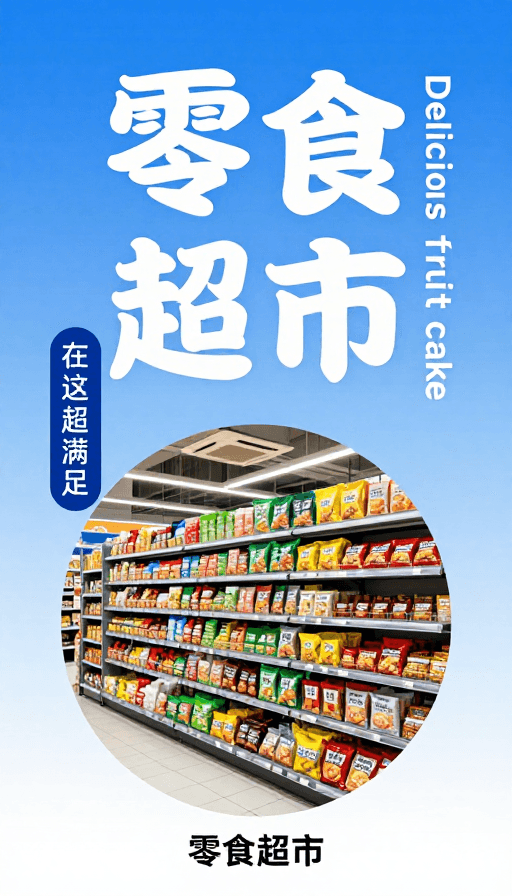 零食超市素材：蓝色渐变背景下的现代零食超市广告海报设计