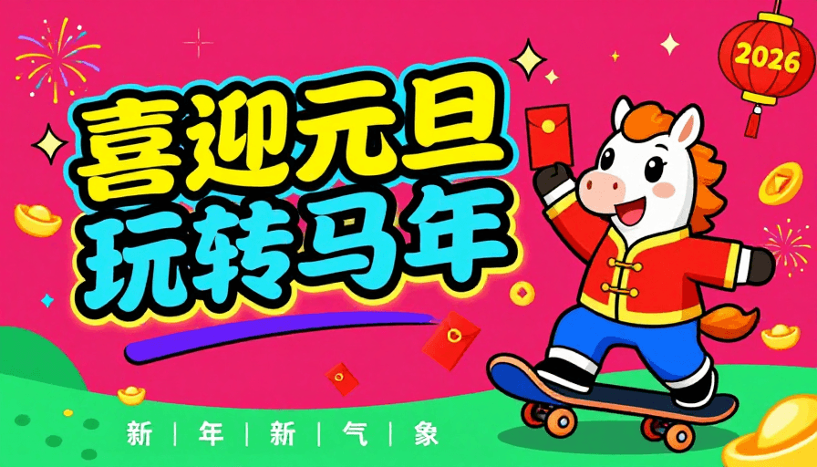 潮流插画素材：喜迎元旦 玩转马年 潮流插画海报