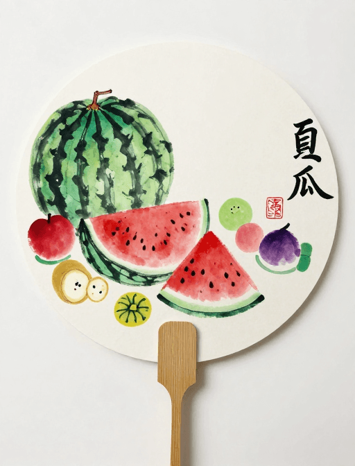 水彩素材：夏日趣味团扇：大写意水彩水果彩绘