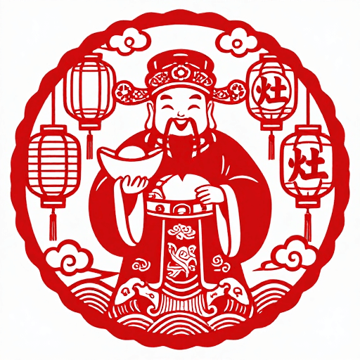 财神素材：红白剪纸财神圆图