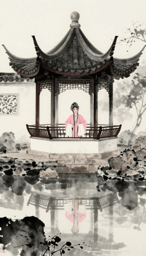 水墨画风格素材：水墨园林中唱戏的昆曲青衣