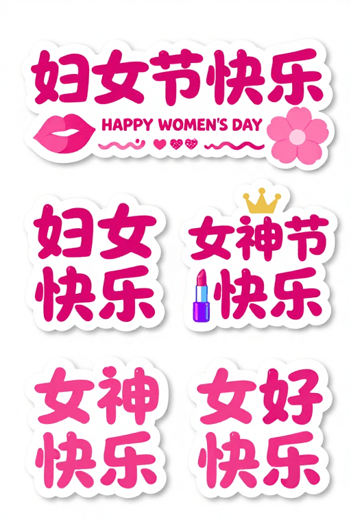 玫红配色素材：粉色手绘节日祝福文字贴纸设计
