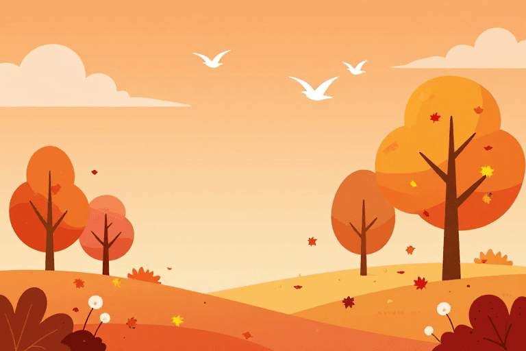 秋季风景素材：暖橙秋日风景：扁平插画中的宁静与丰收