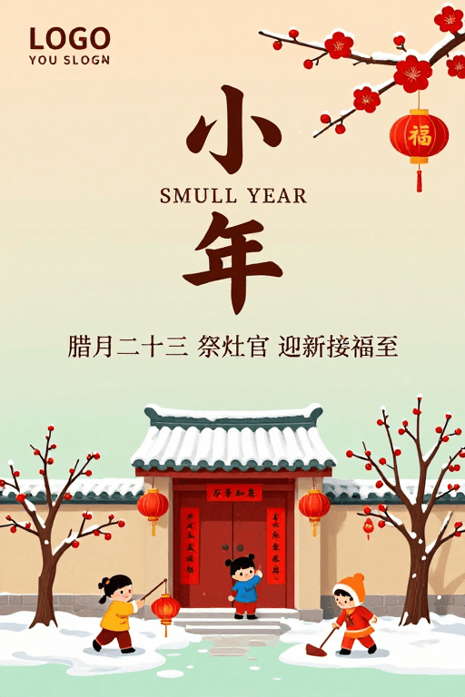 暖色调渐变素材：暖调中国风小年迎新插画海报