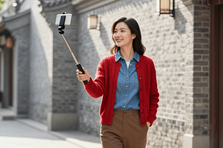 摄影艺术素材：中式巷弄中的微笑旅人：自然光影下的东方风情