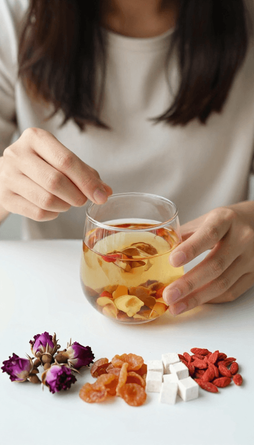 居家场景素材：女性养生生活：玫瑰桂圆茯苓枸杞养肝升阳茶