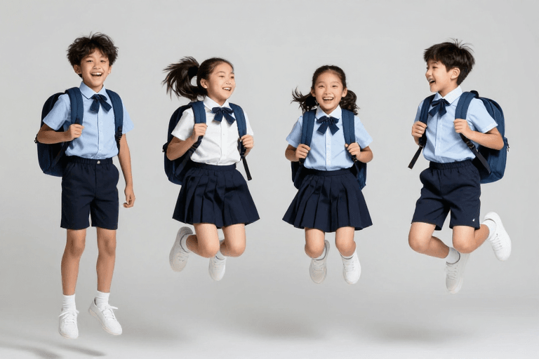 儿童广告素材：童趣校园：小学生在灰背景前欢快跳跃瞬间